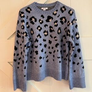 Nine West Leopard Patterned Crewneck Blue Sweater Small Contemporary Chic